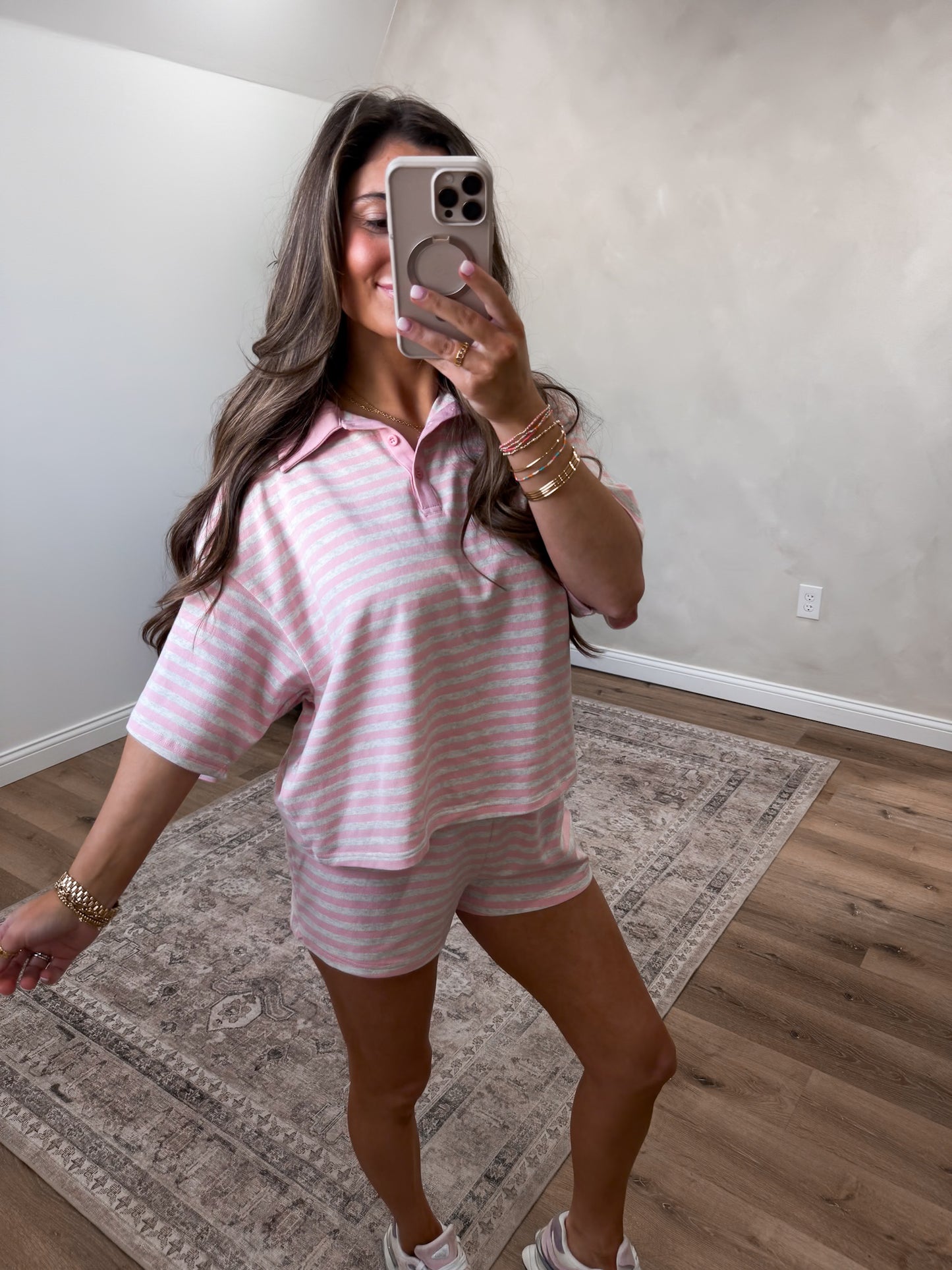 Spring Breeze Striped Shorts Set - pink/grey