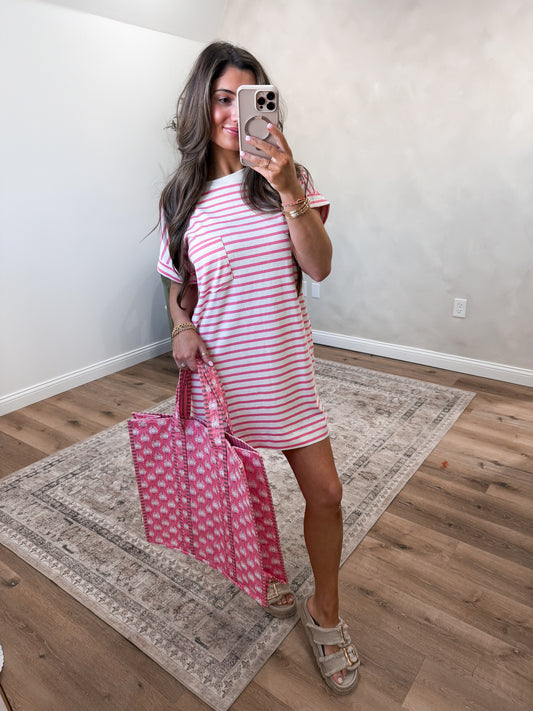 Everyday Striped Tshirt Dress - pink
