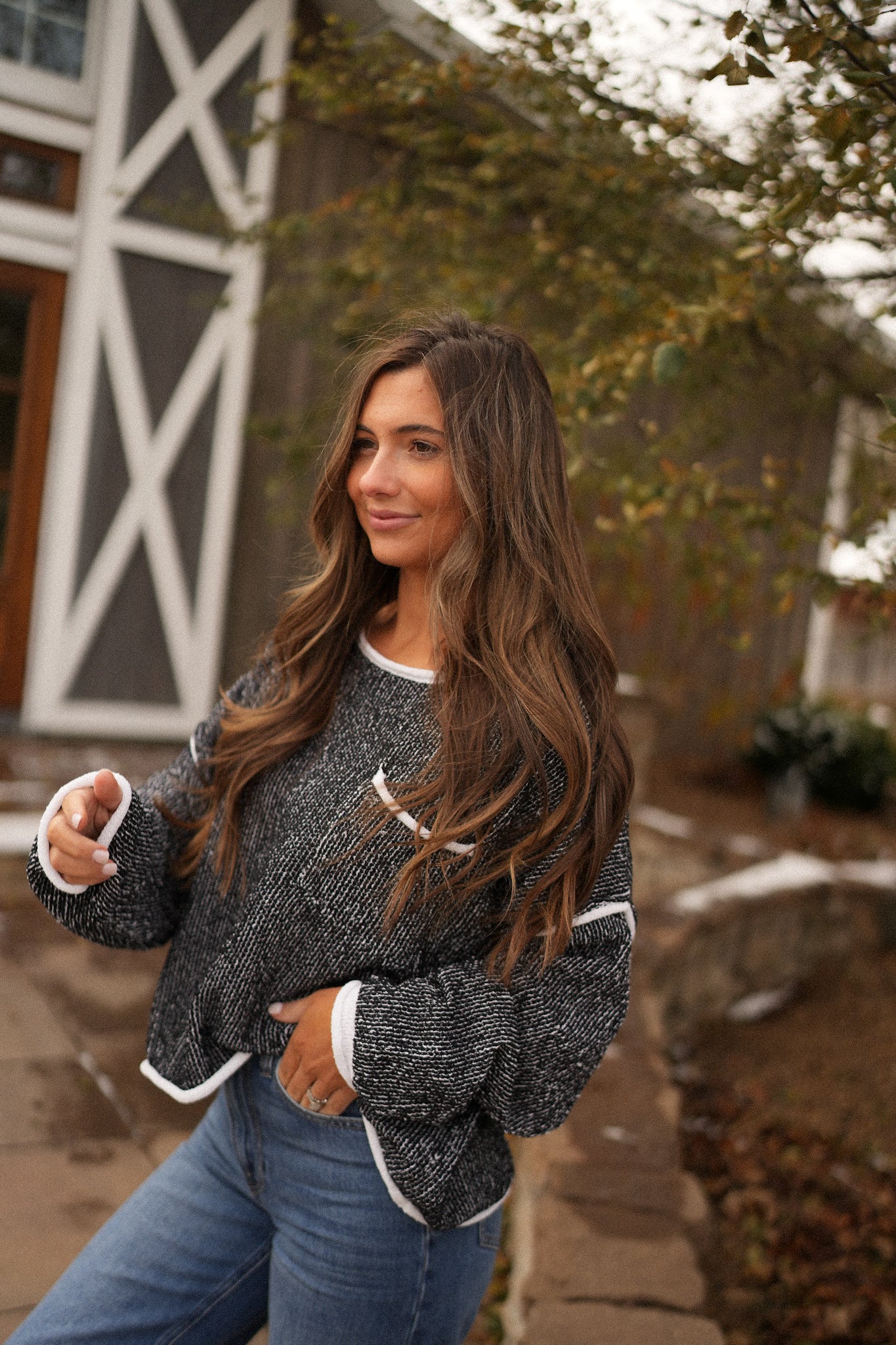 Contrast Trim Textured Sweater- Black DOORBUSTER!