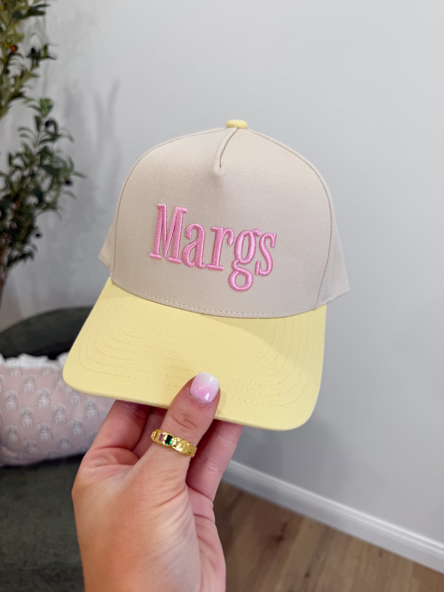 "Margs" Embroidered Trucker Hat - butter yellow