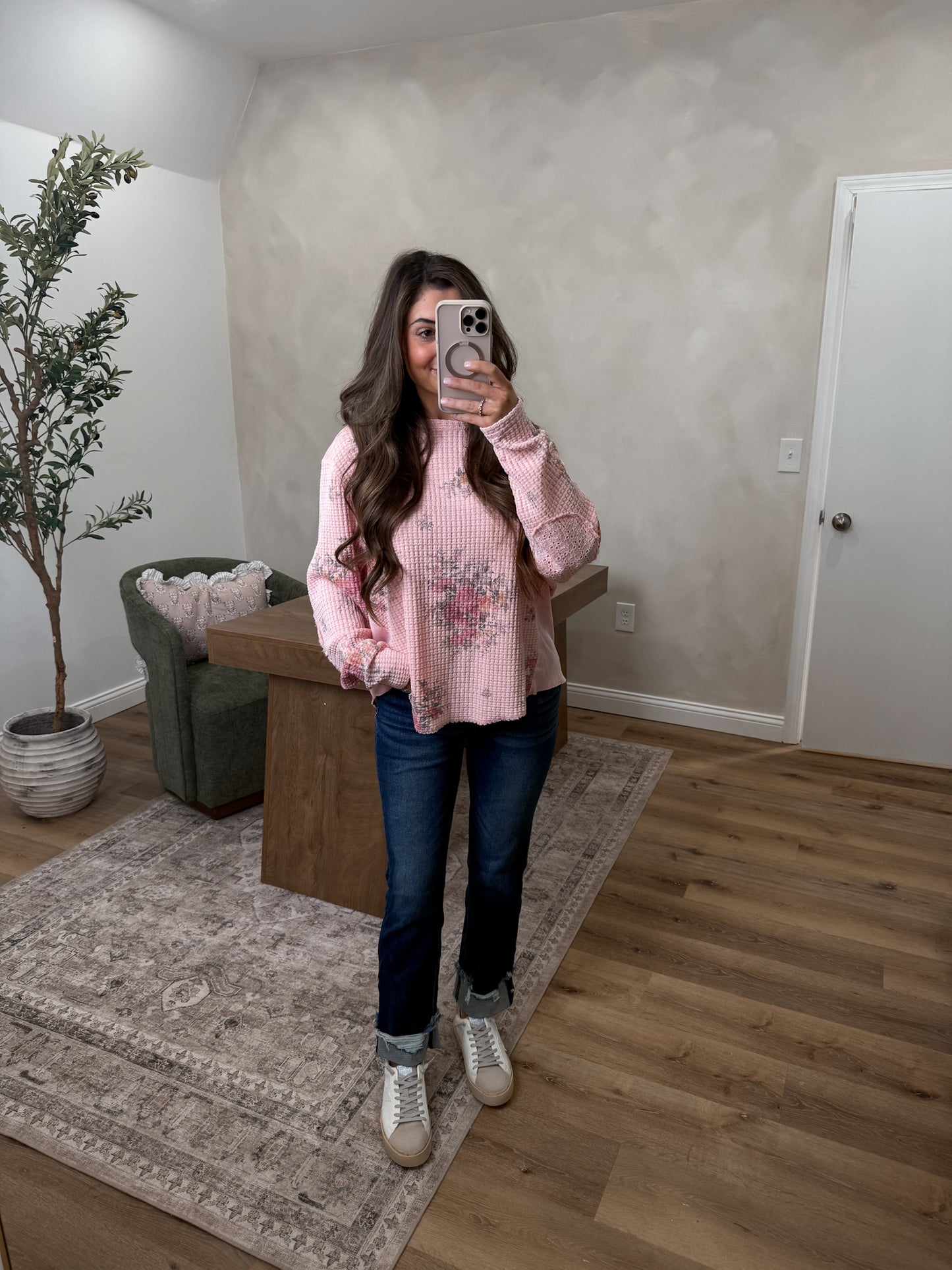 Remi Waffle Pullover - Pink floral