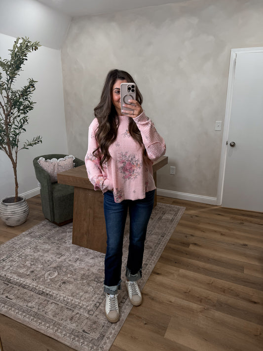Remi Waffle Pullover - Pink floral