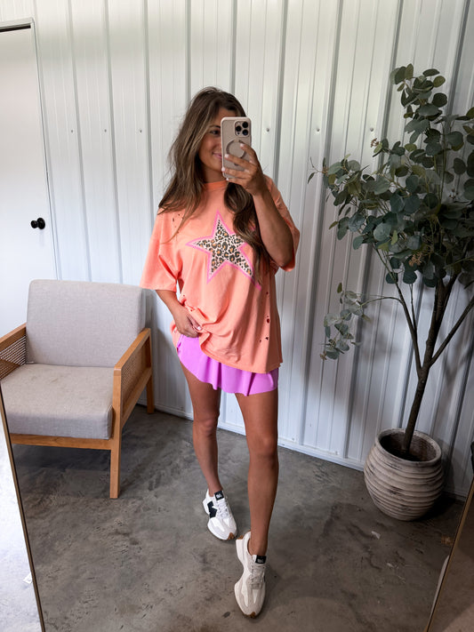 Leopard Star Distressed Tee- Peach