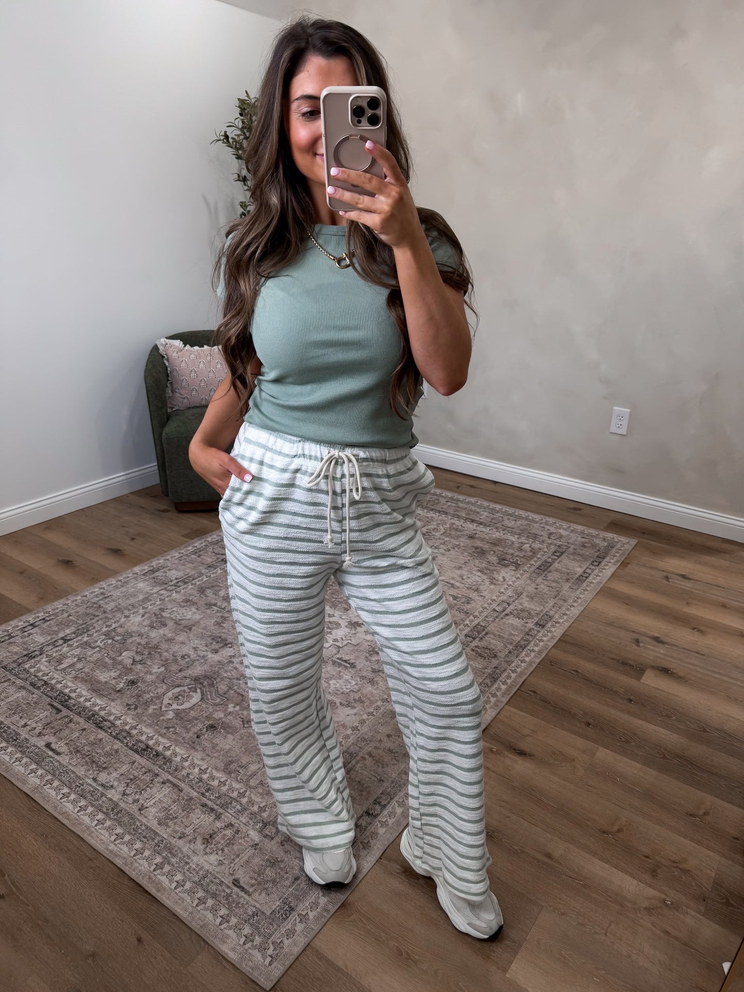 The Cozy Striped terry Pants - sage green