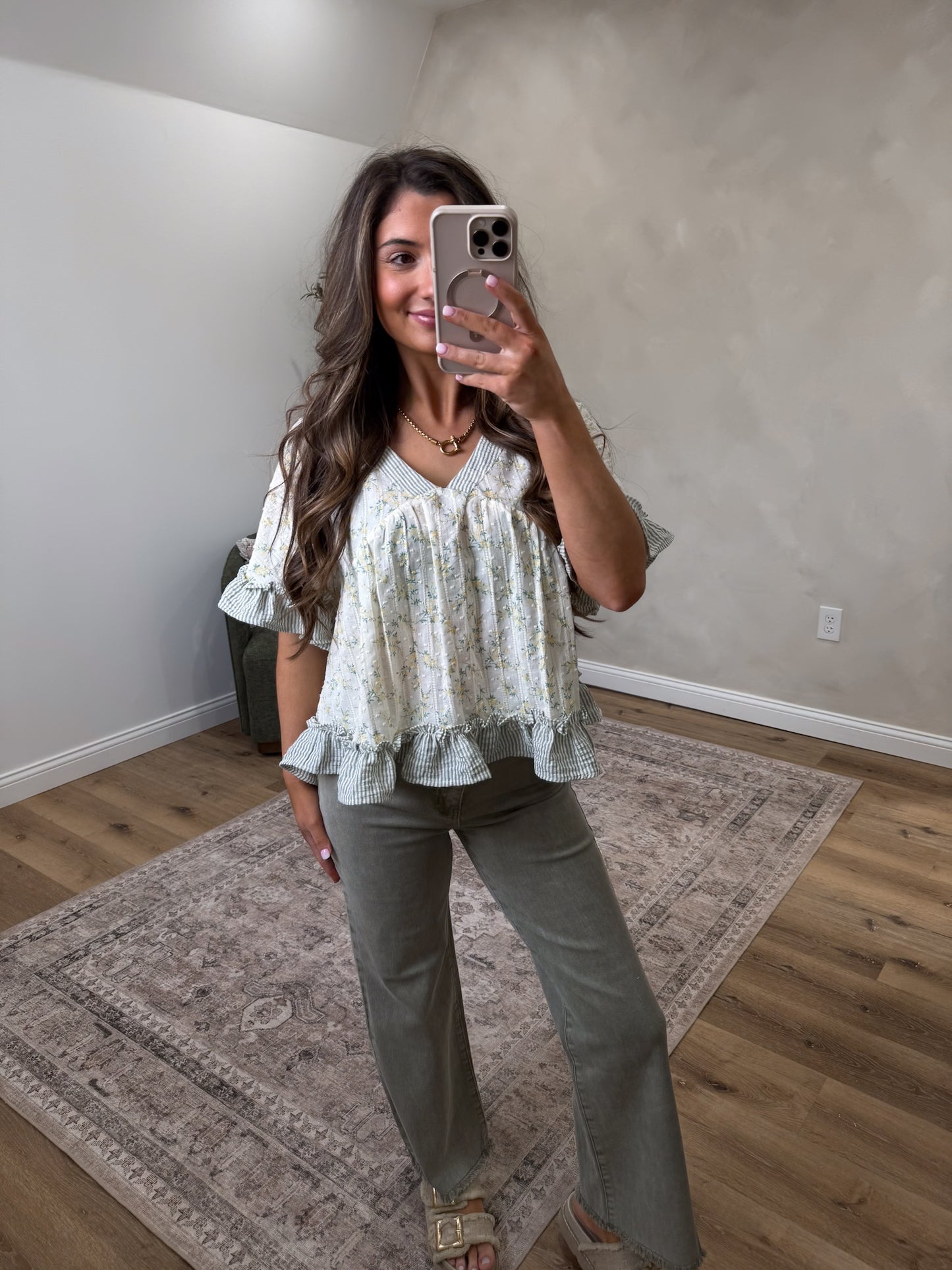 Golden Hour Floral Ruffle blouse - Sage