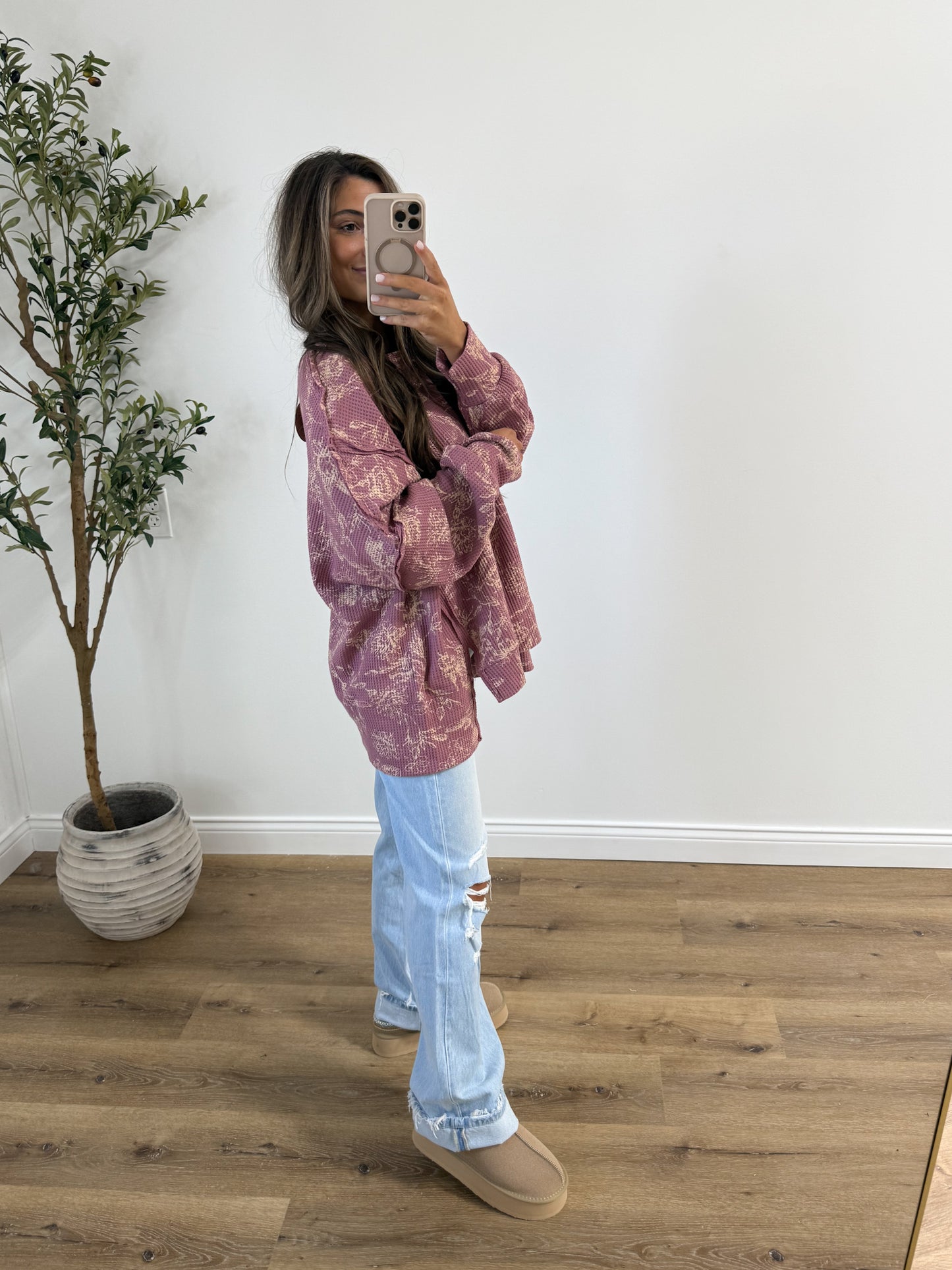 Floral Print Washed Waffle Thermal Sweatshirt