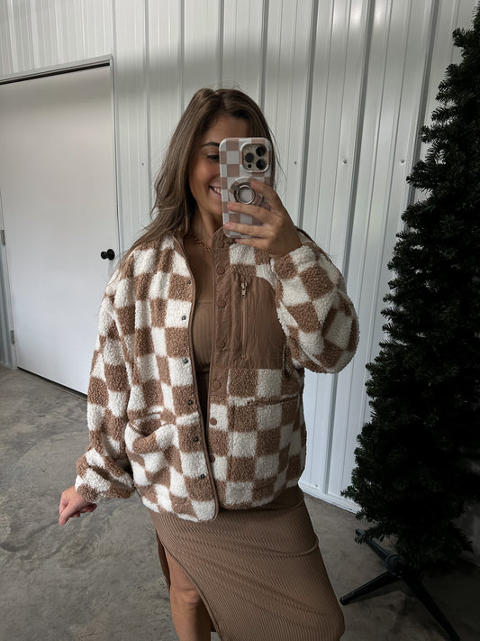 Checkered Teddy Jacket - Taupe