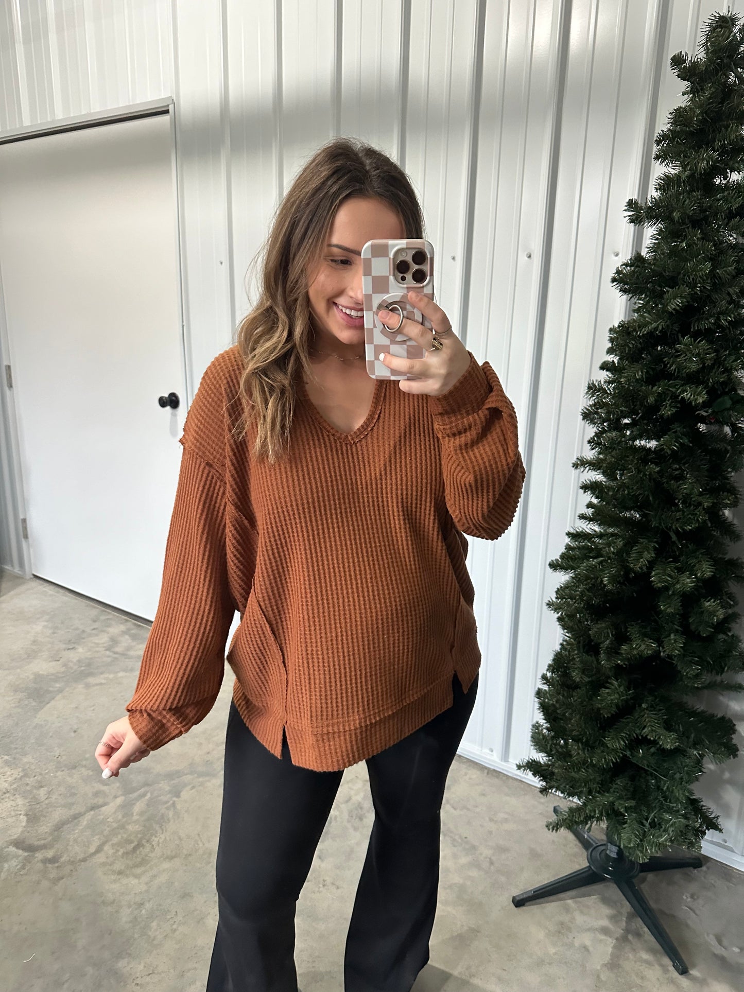 Notched Waffleknit Pullover- 2 colors