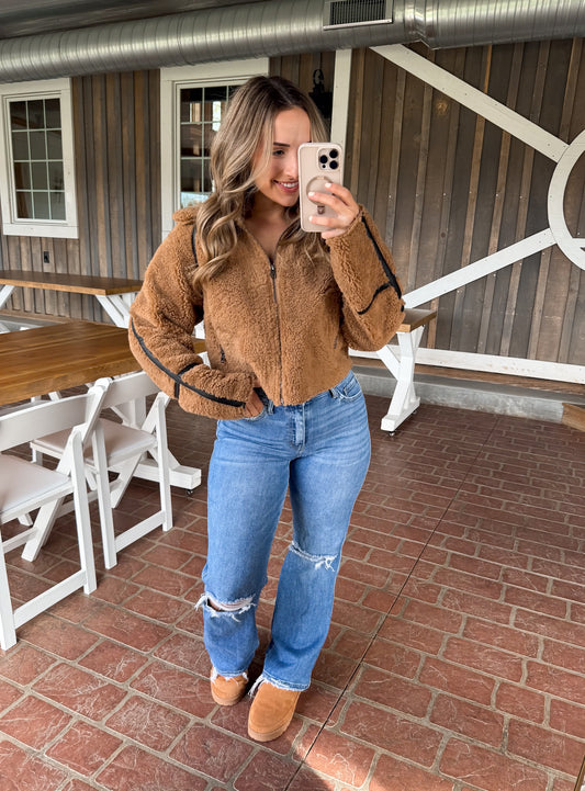 Leather Trimmed Jacket- Camel