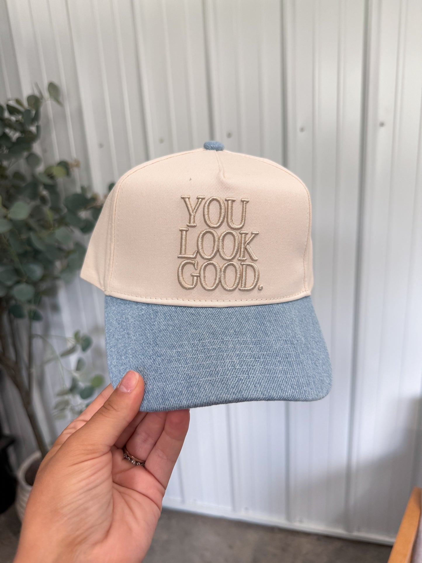 You Look Good Trucker Hat- Beige/denim