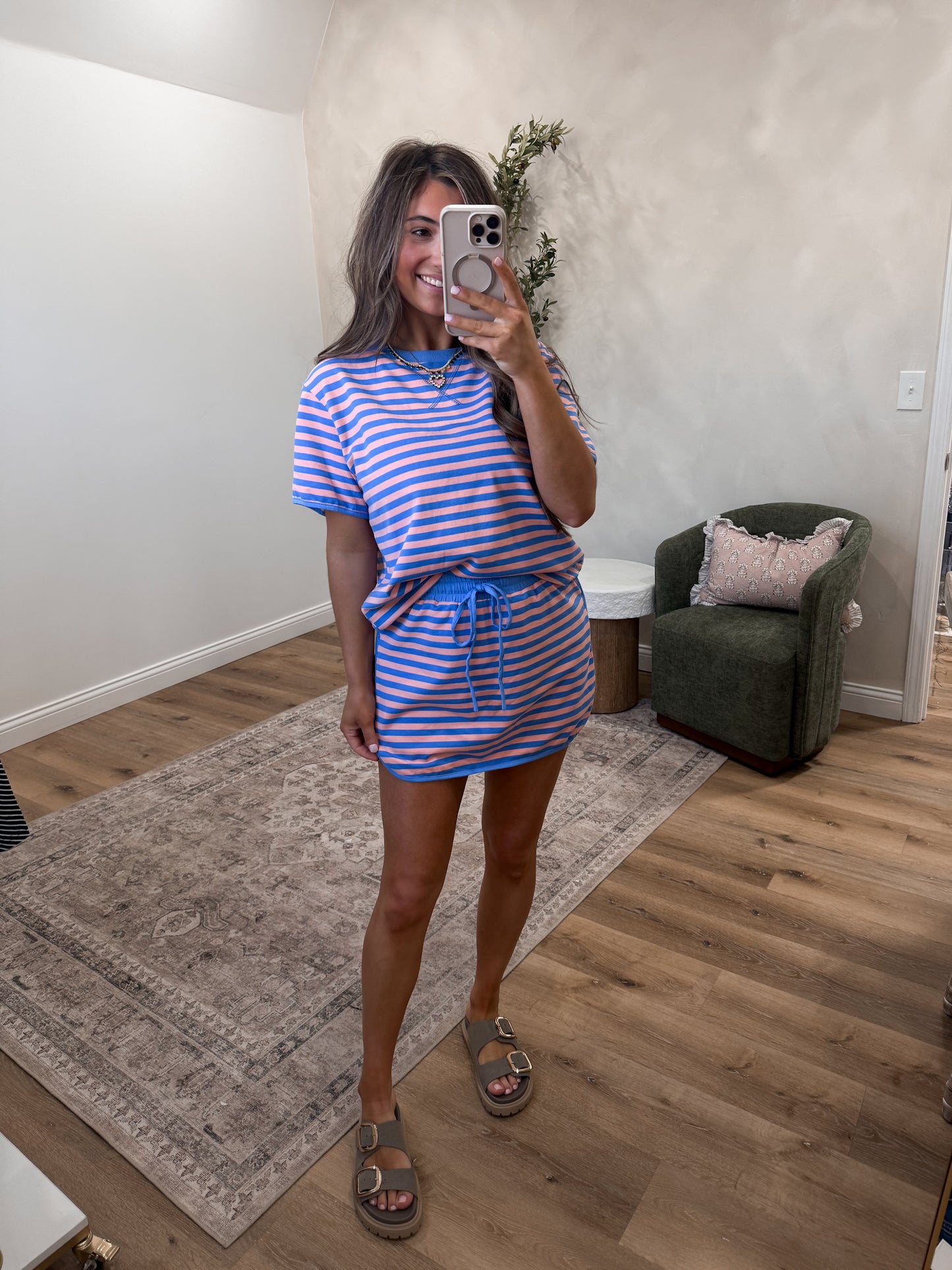Summer Waves Striped Skort Set - blue/pink