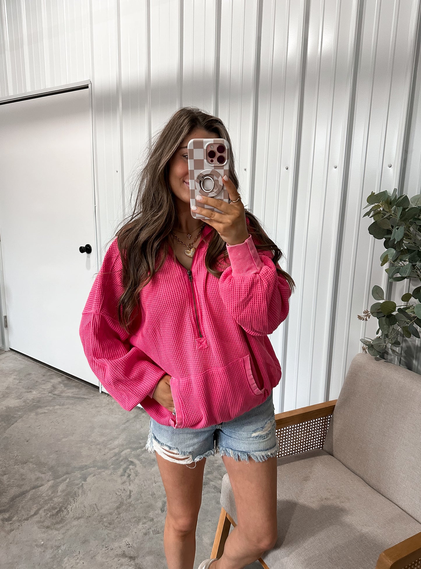 Vintage Washed Waffle Half Zip Hoodie- fuchsia