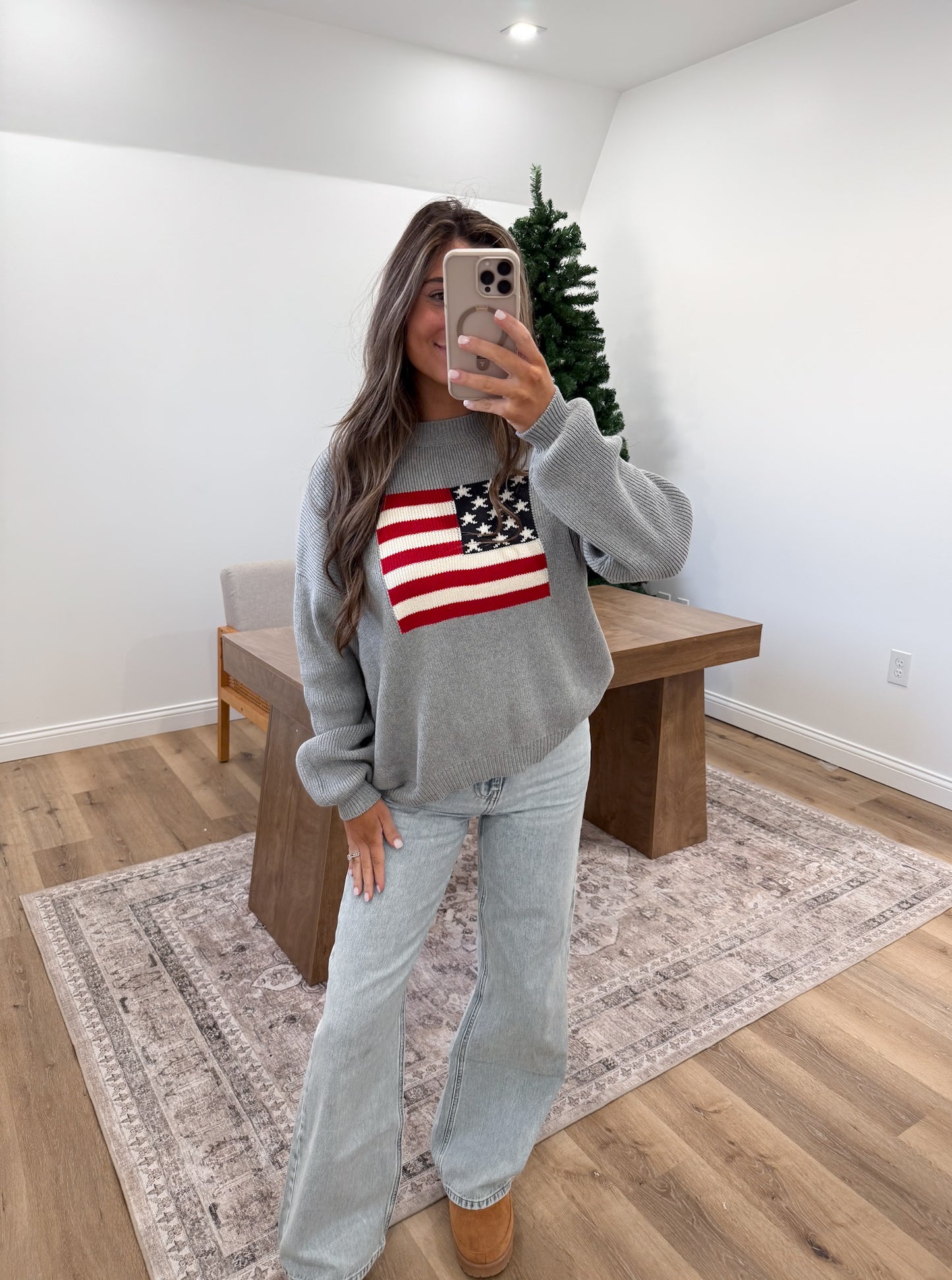 American Flag Crew Neck Sweater- Heather Grey