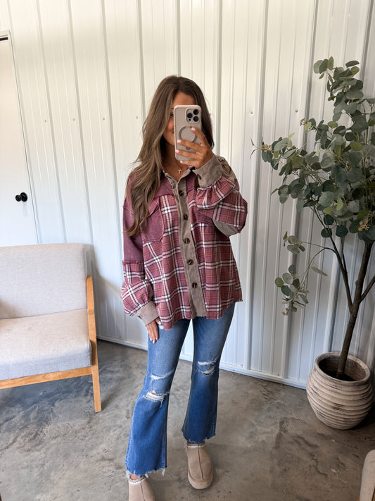 Corduroy Plaid Patchwork Shacket- Mulberry