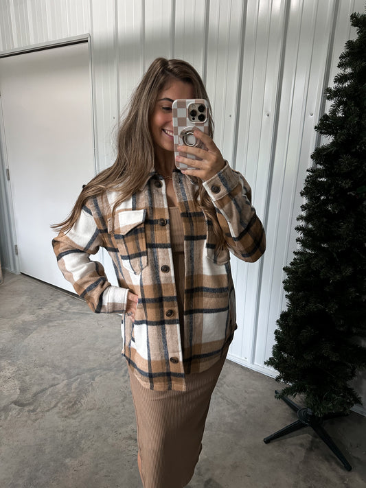 Plaid Button Up Jacket- Camel