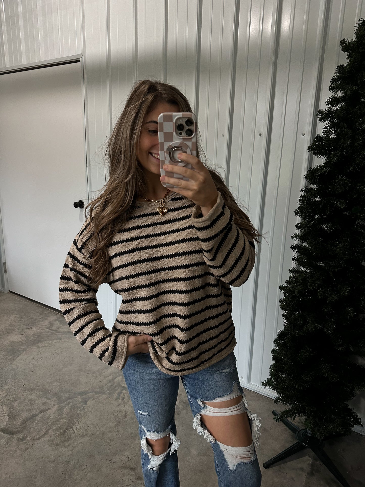 Striped Boatneck Sweater Top - taupe