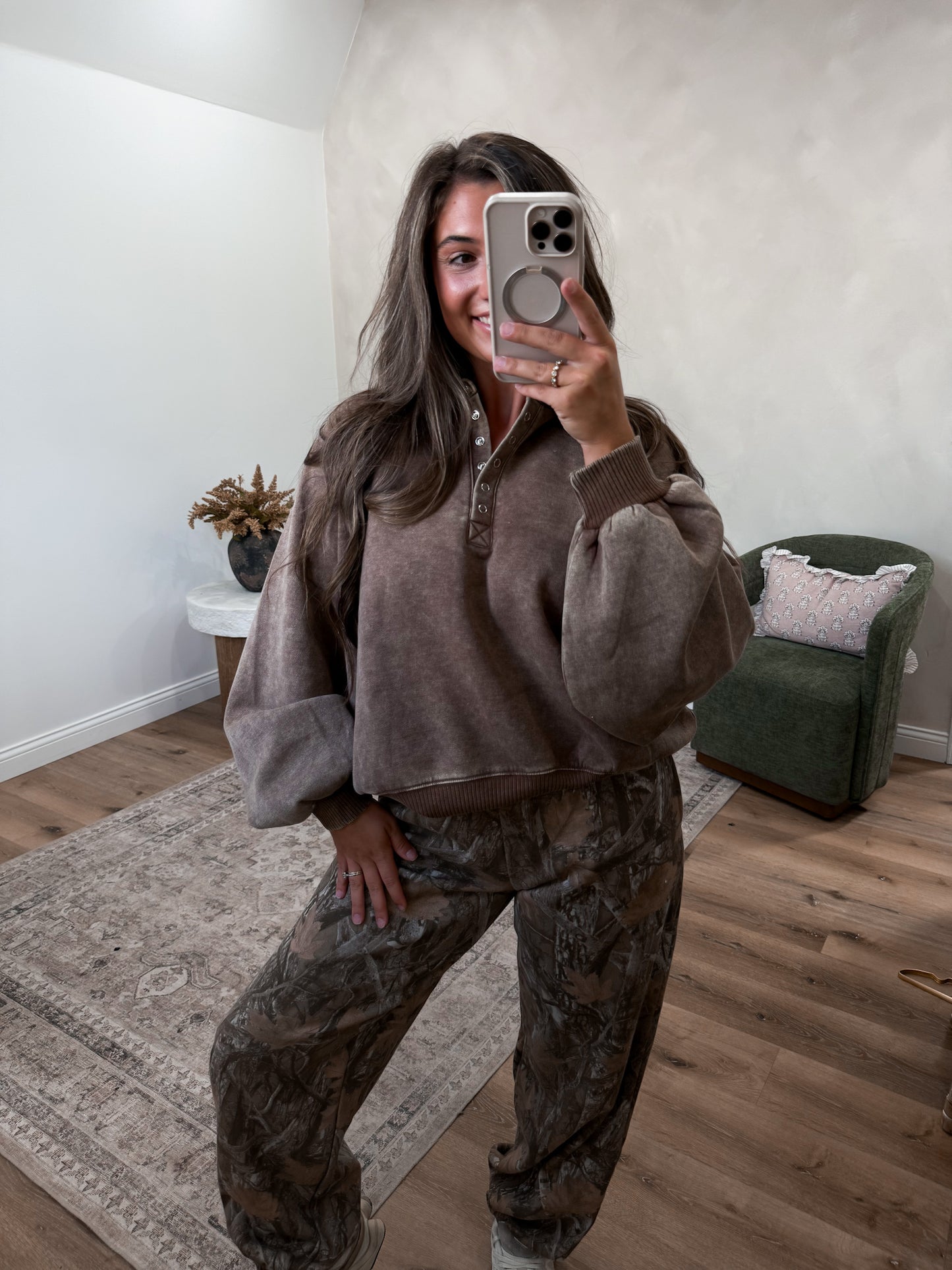 Megan Button Up Pullover - mocha