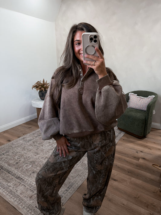 Megan Button Up Pullover - mocha