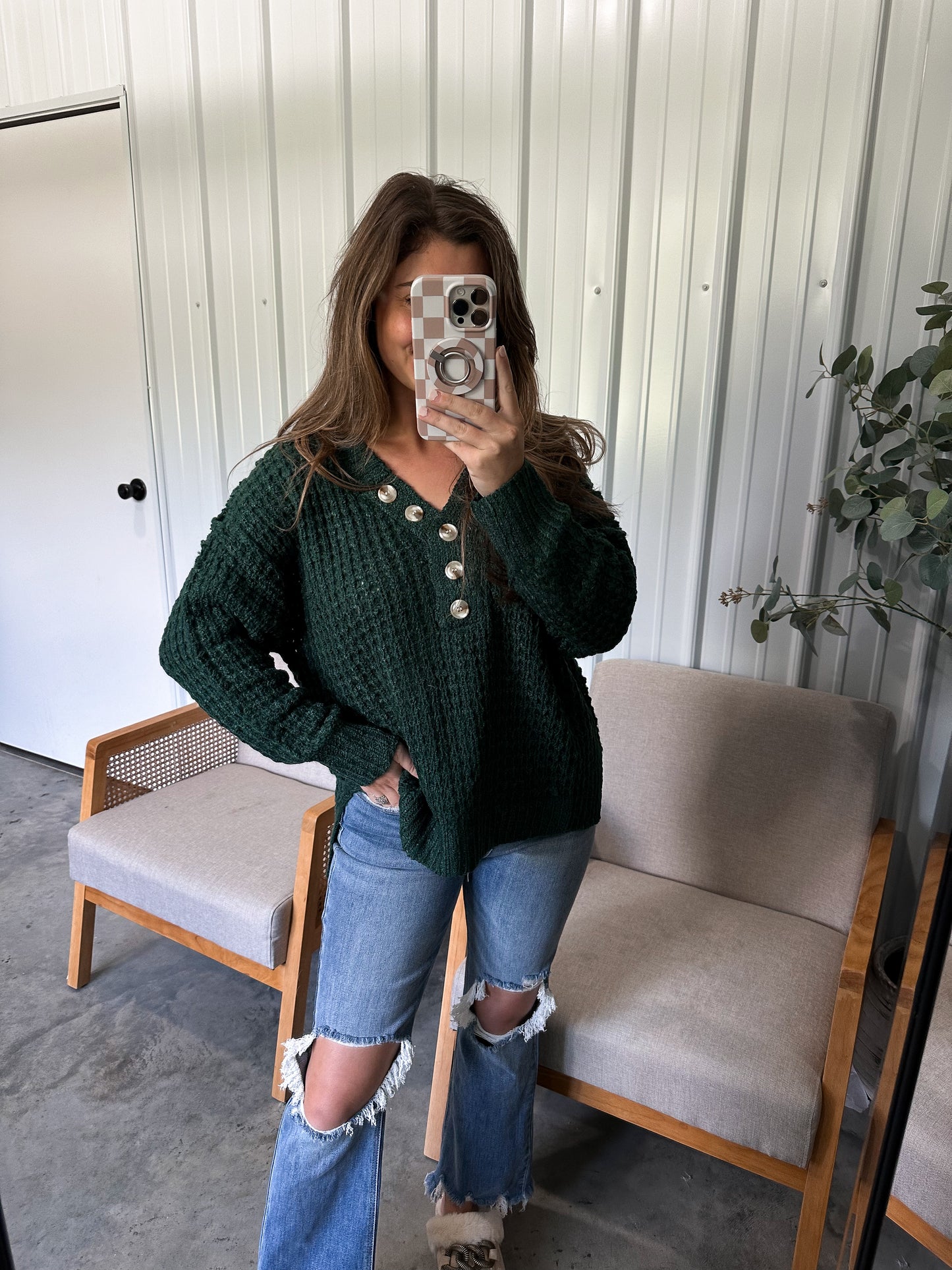 Victoria Knit Henley Sweater - Hunter Green