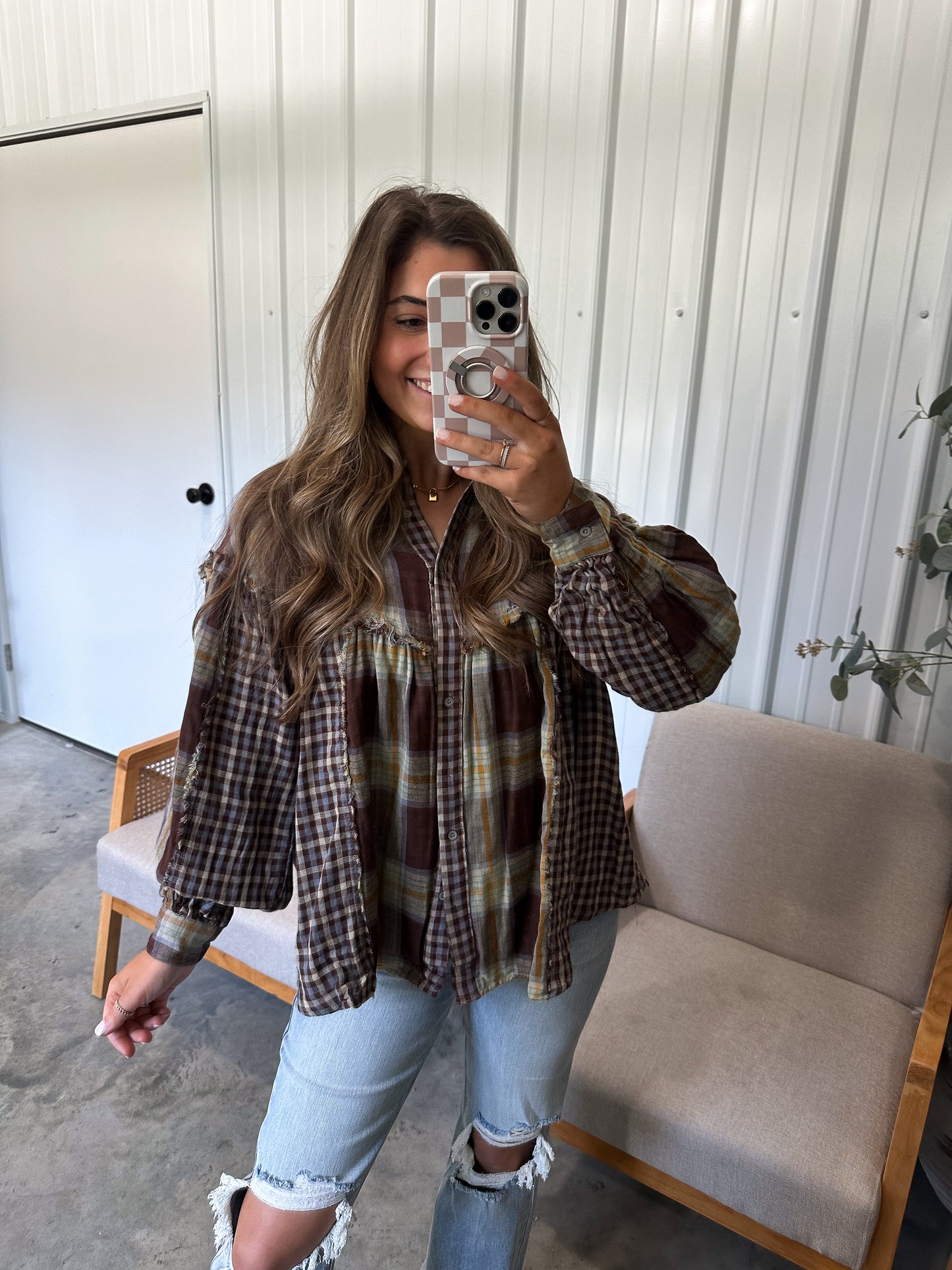 Maria Mixed Plaid Blouse - Mocha