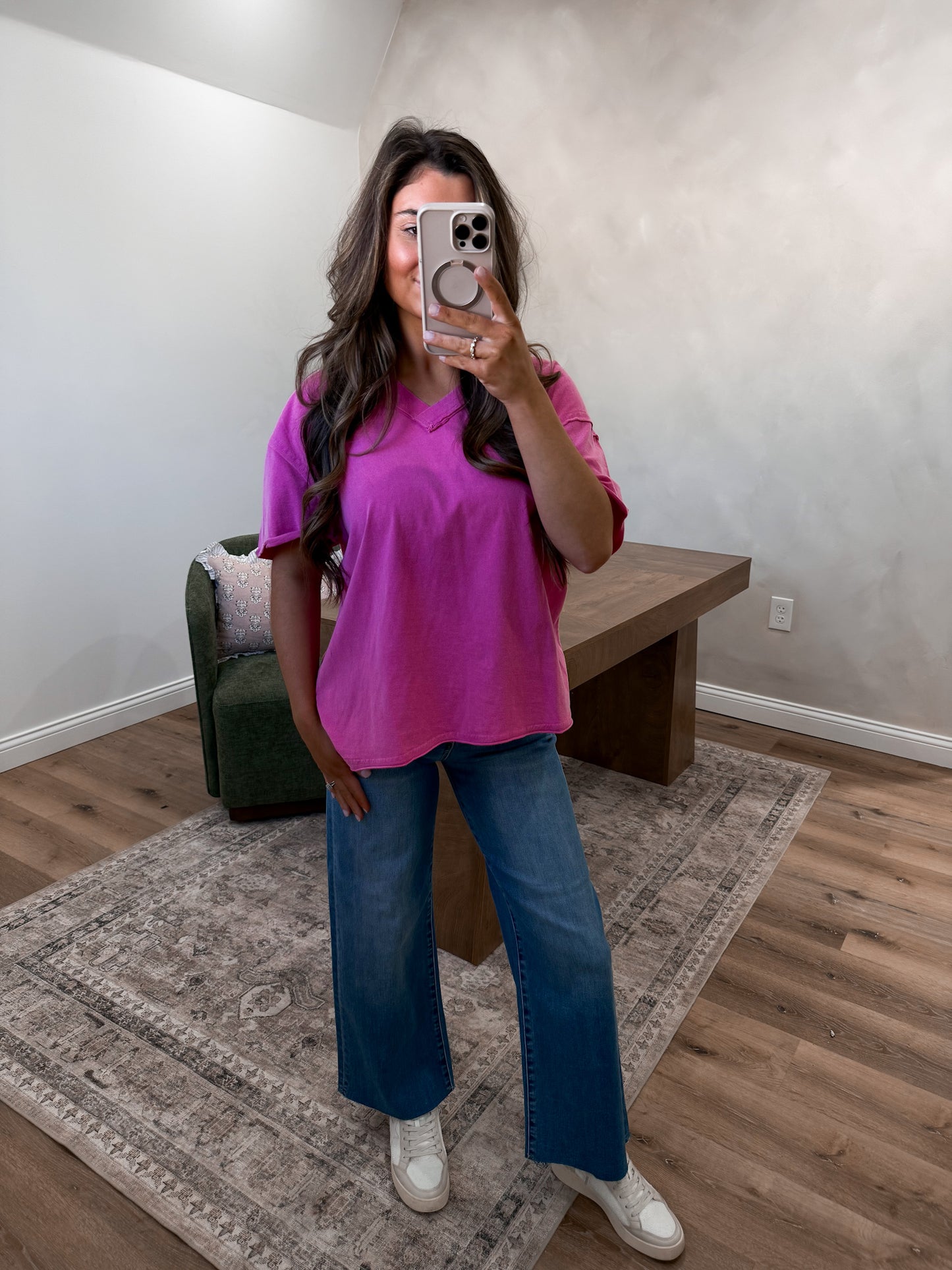 The Lyla Light Washed V-Neck Oversized Tee - fuchsia
