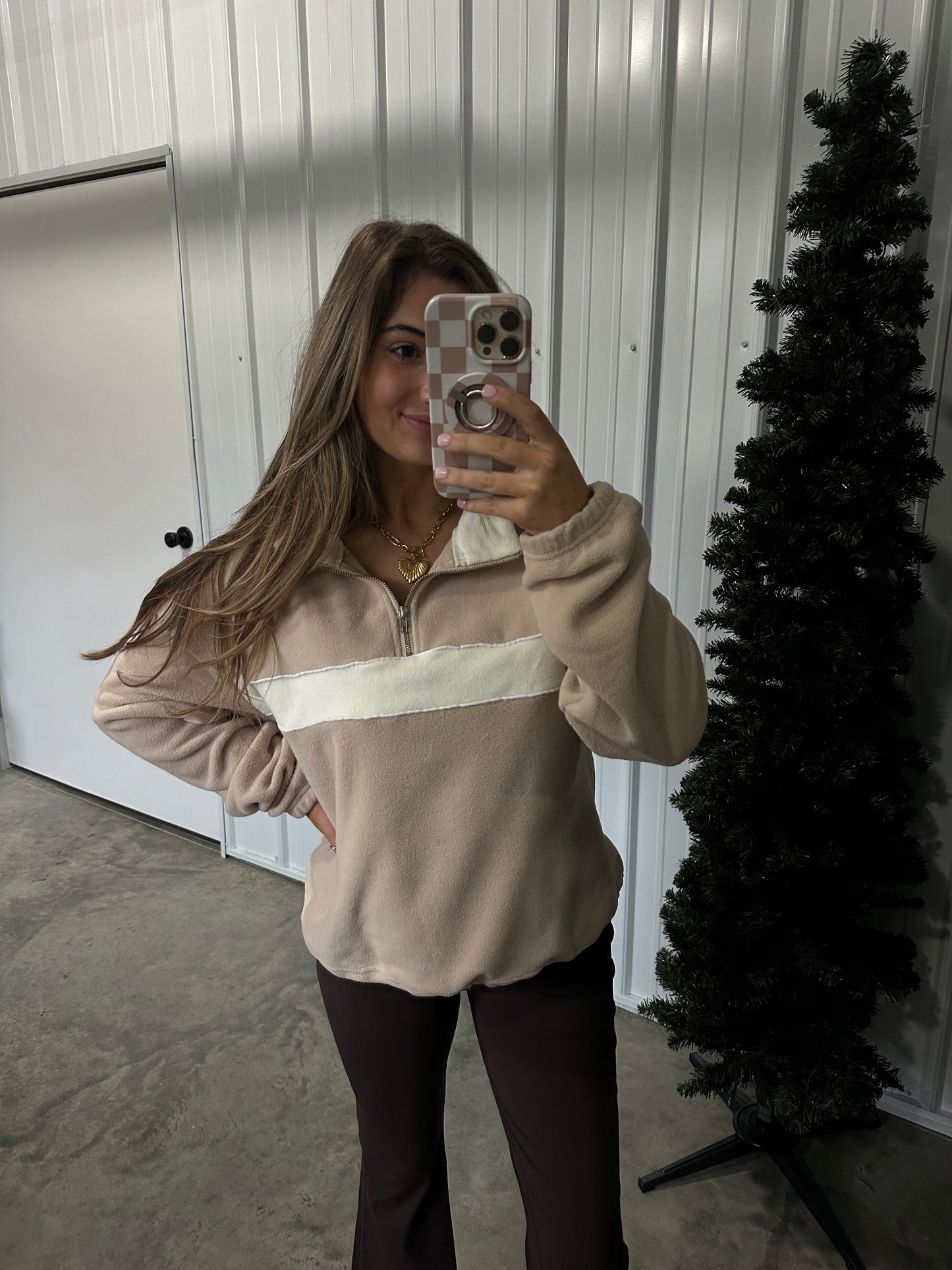 Kasie Fleece Collared Pullover- Taupe