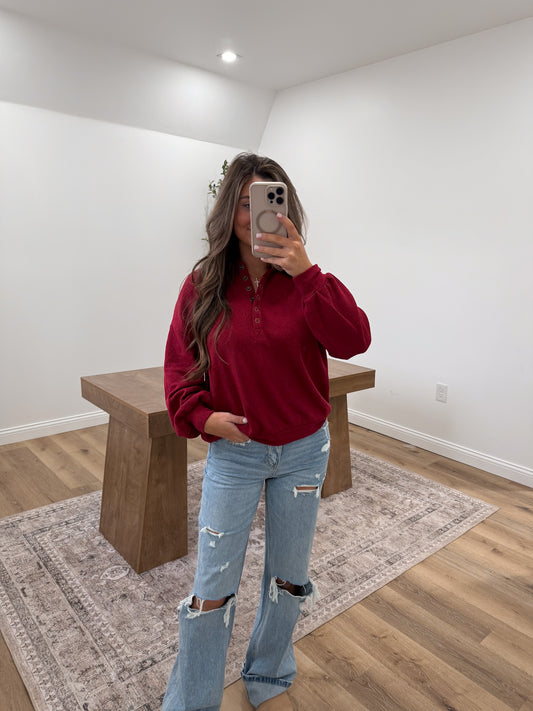 Collared Half Snap Button Long Sleeve Knit Top- Deep Red