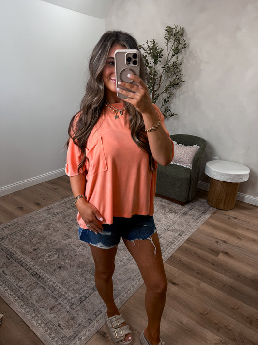 Mineral Washed Droopy Pocket Tee - coral