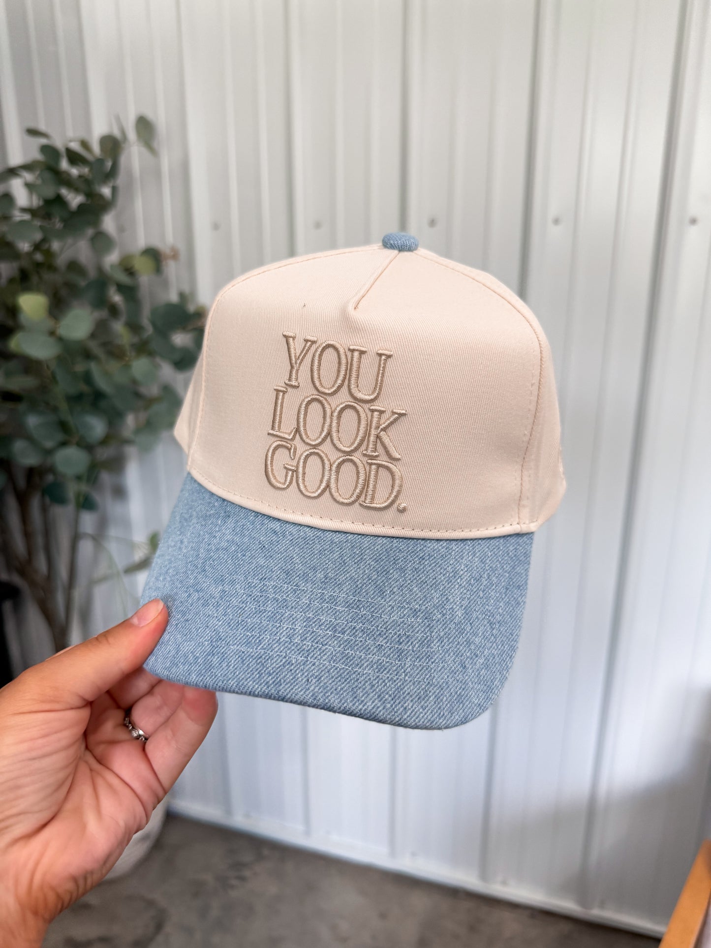 You Look Good Trucker Hat- Beige/denim
