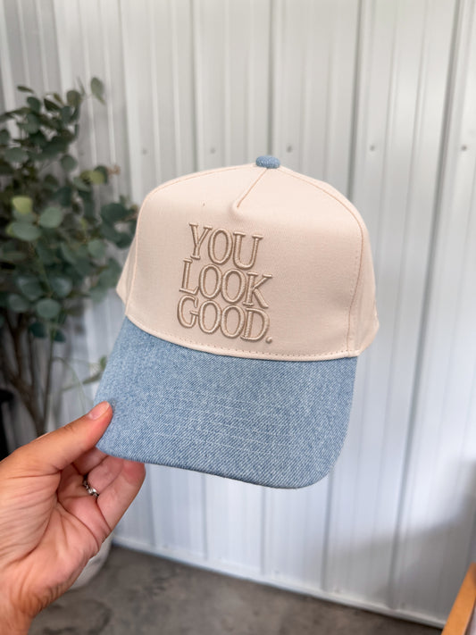 You Look Good Trucker Hat- Beige/denim