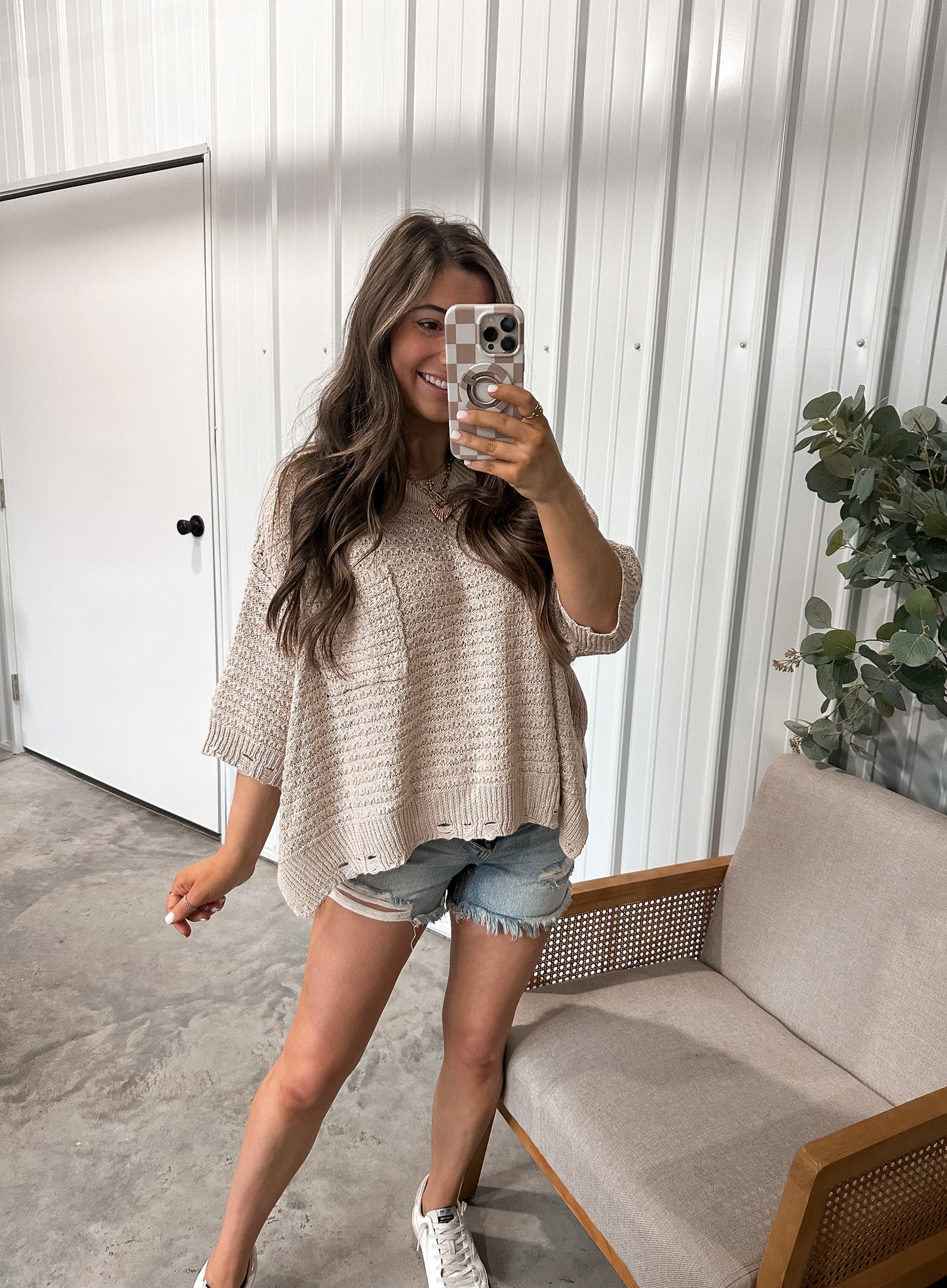 Shelby Faux Destroyed Sweater Tee - Taupe