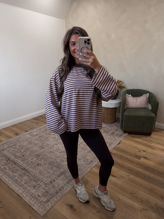 Perfect Day Oversized Stripe Long Sleeve Top - Pink/Brown
