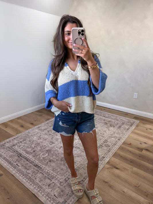 The Eliza Split Neck Stripe Sweater - cornflower blue