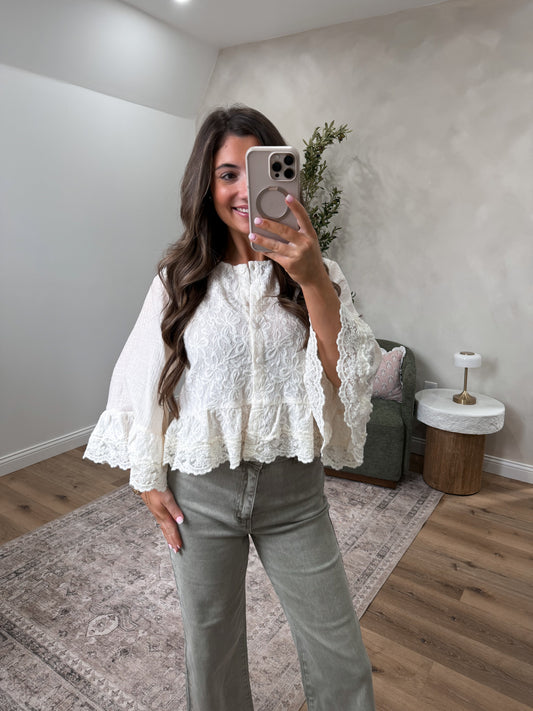 Soft Angel Lace Button Down Blouse - ivory