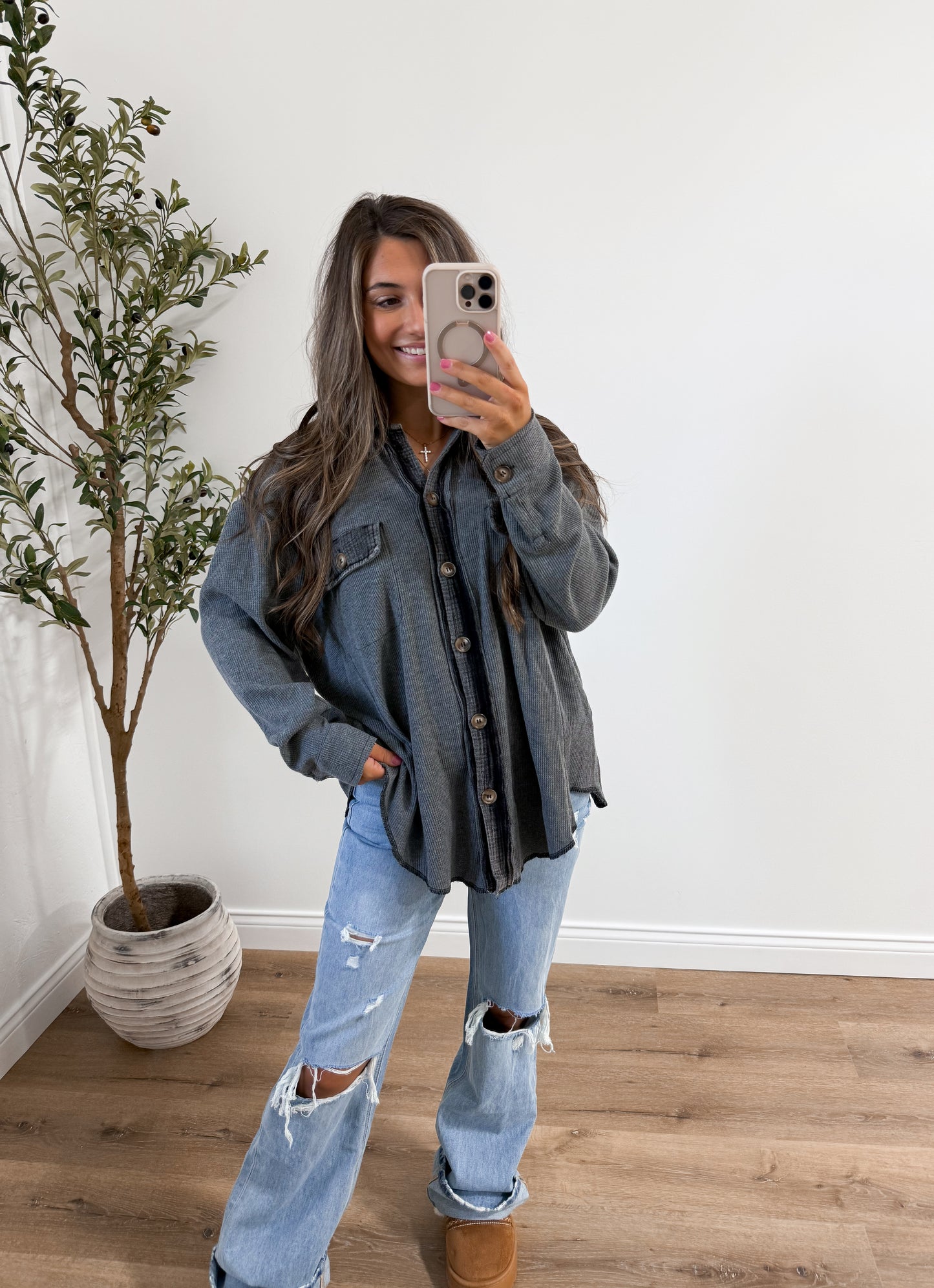 Pine haven washed waffleknit button down