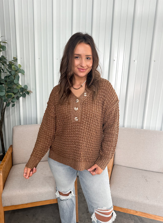 Victoria Knit Henley Sweater - Mocha