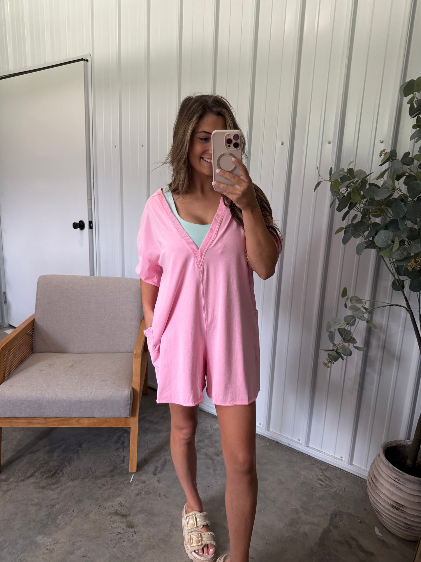 Open Back Washed Romper- Light Pink