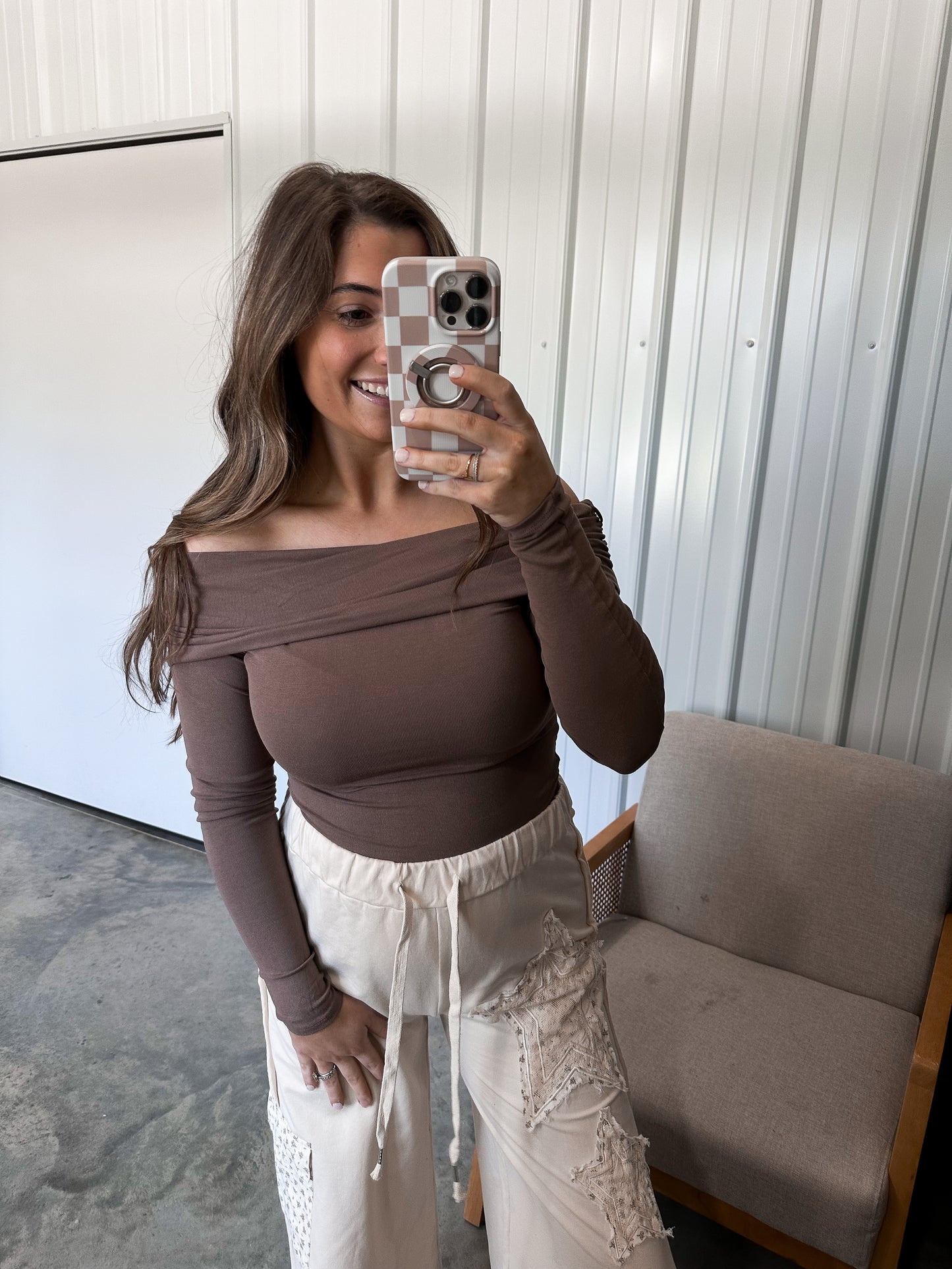 Off The Shoulder Foldover Knit Top- Mocha