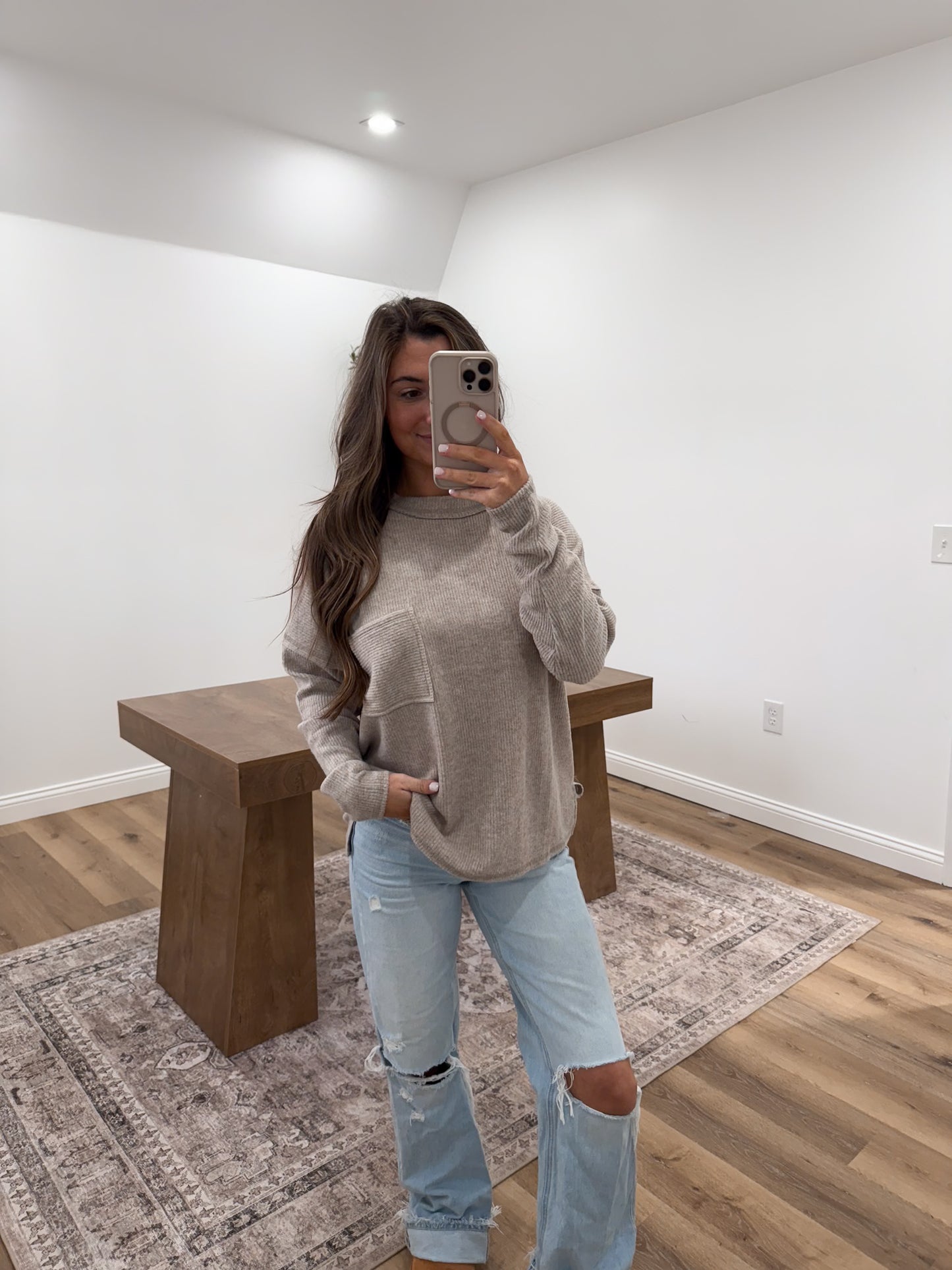 Ribbed Brushed Pocket pullover - Heather Mocha