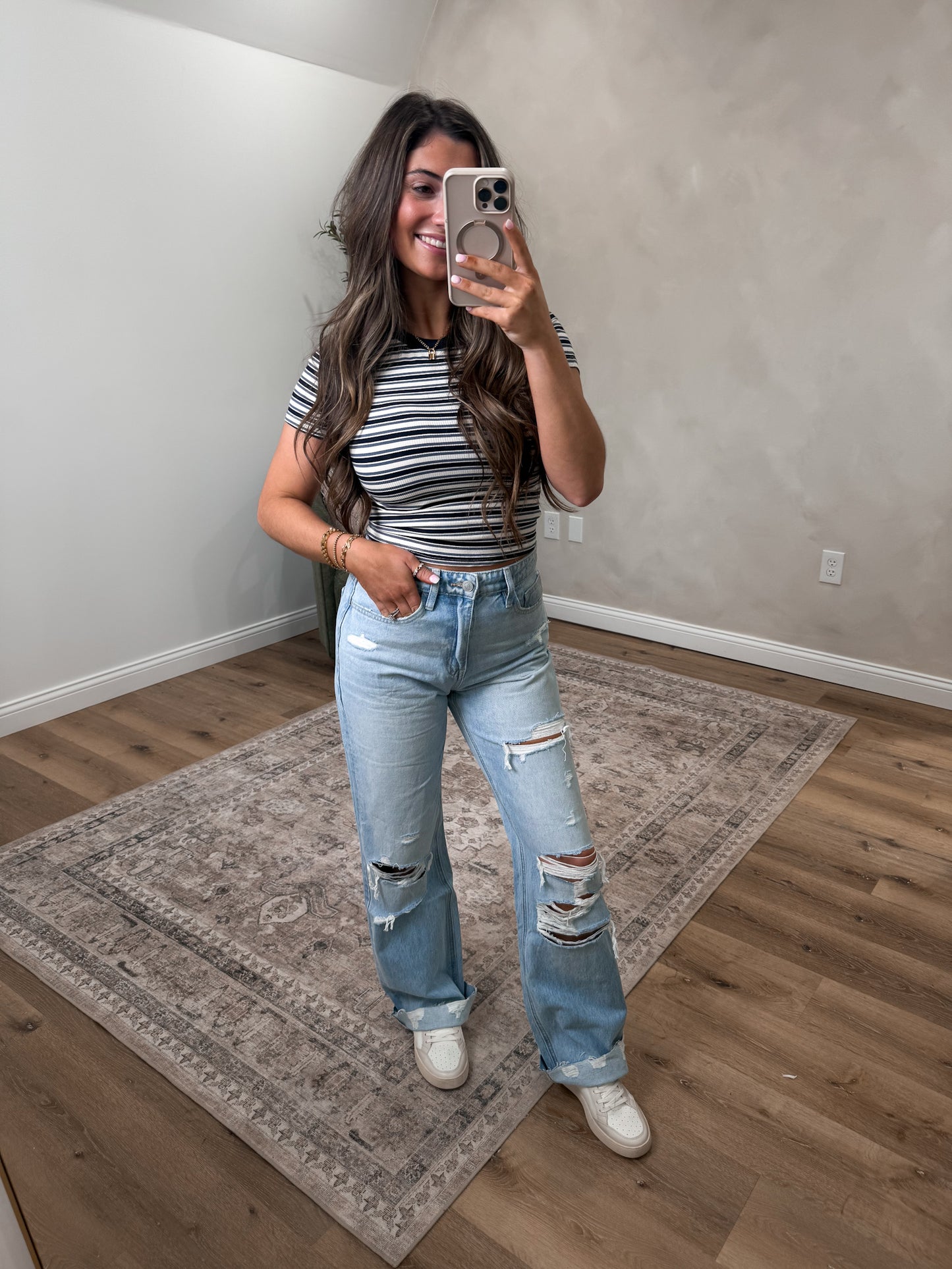 Striped Rayon Ribbed Tee - navy multi