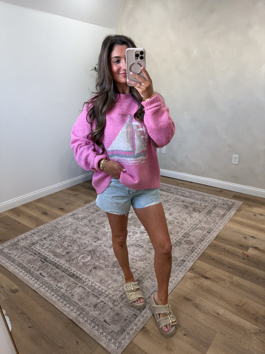 Sailboat Knit Fuzzy Sweater - french pink