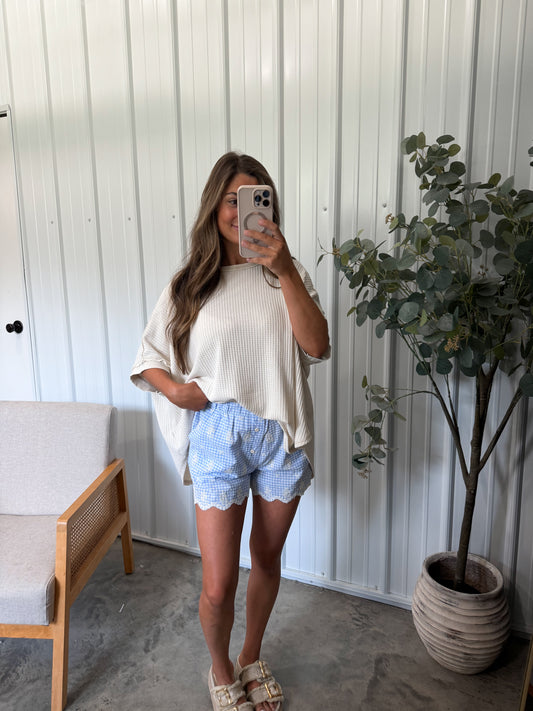 Embroidered Gingham Shorts - Blue