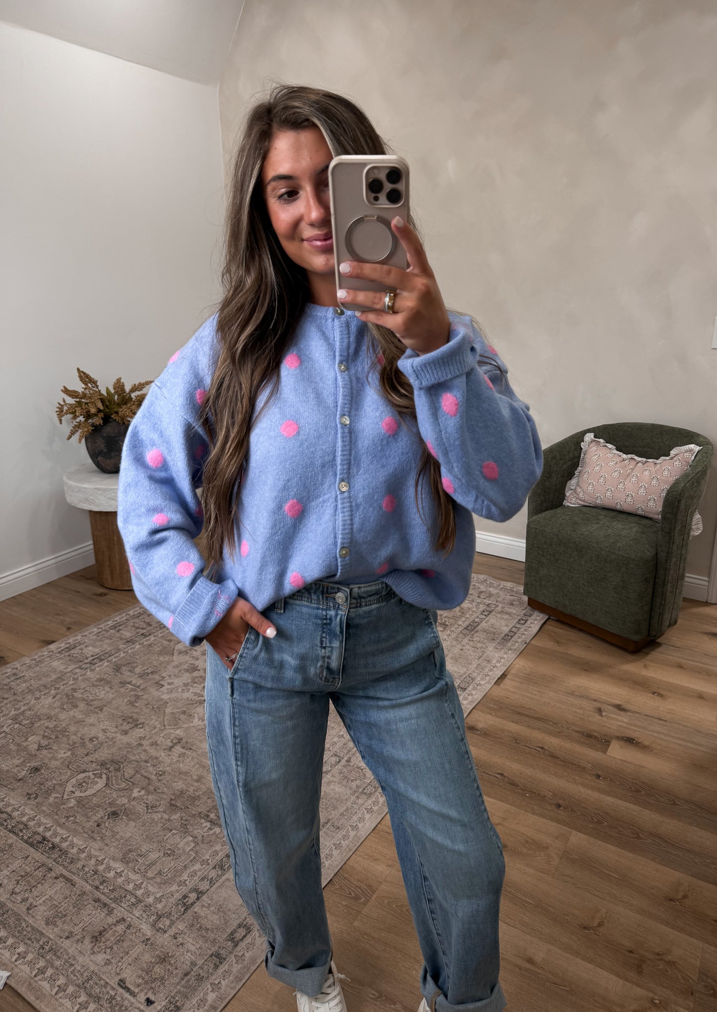Penny Polka Dot Cardigan - light blue/pink