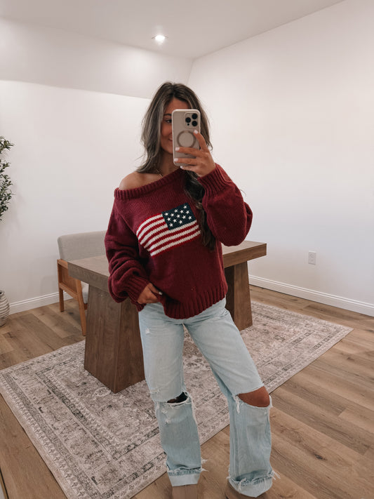 Americana Brandi Ribbed Knit Sweater - Burgundy