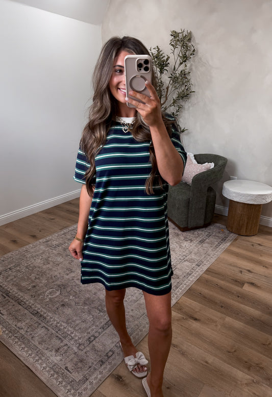 Paisley Striped Tshirt Mini Dress - navy multi