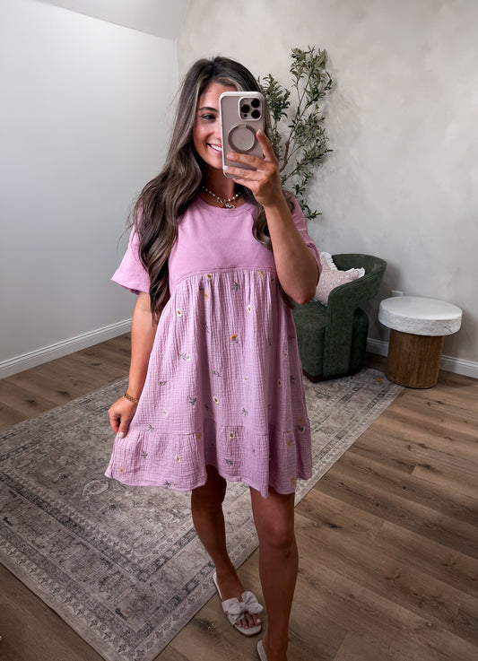Darling Daisy Floral Embroidered Mini Dress - mauve