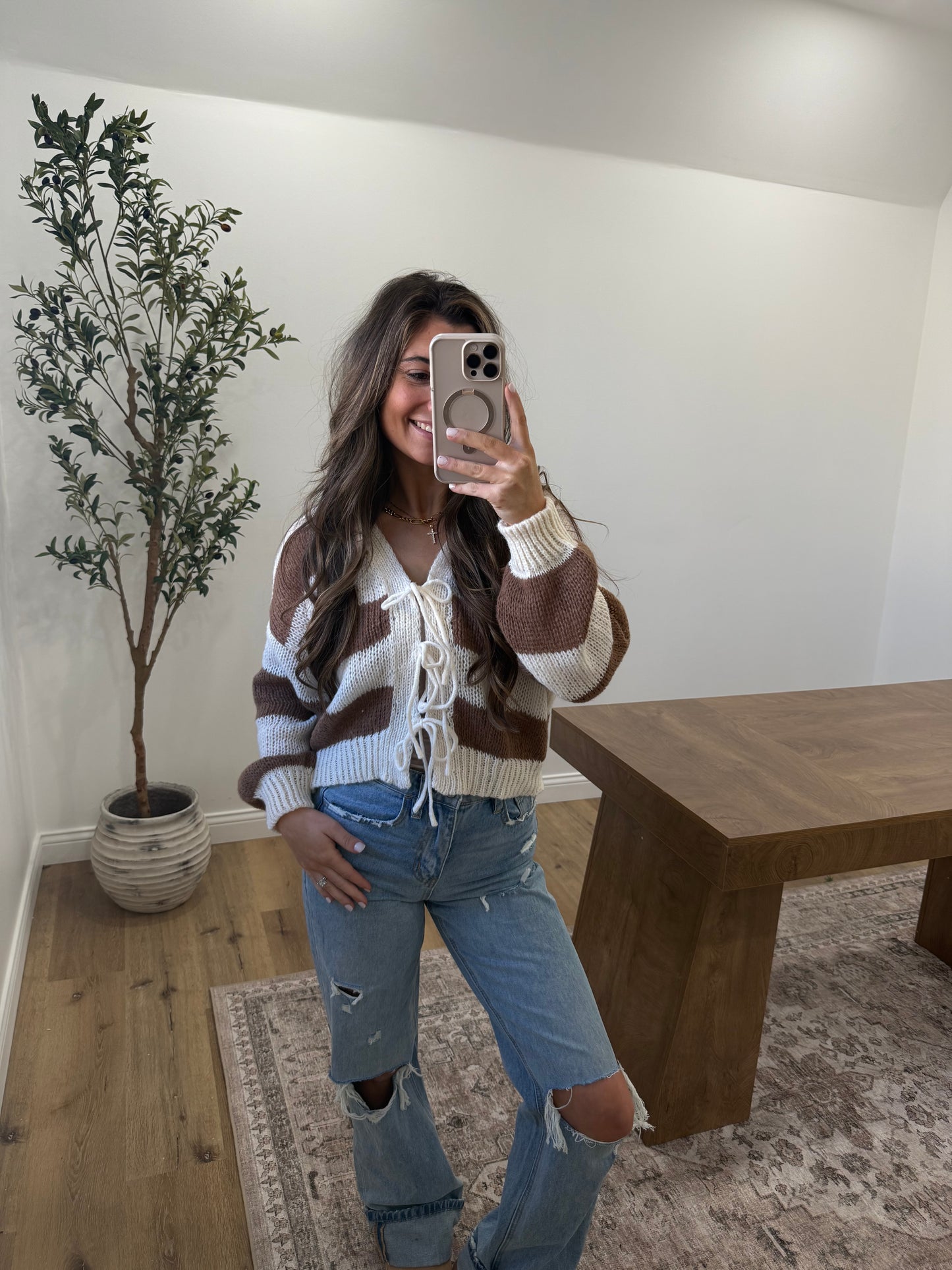 Striped Front Tie Cardigan- cream/brown