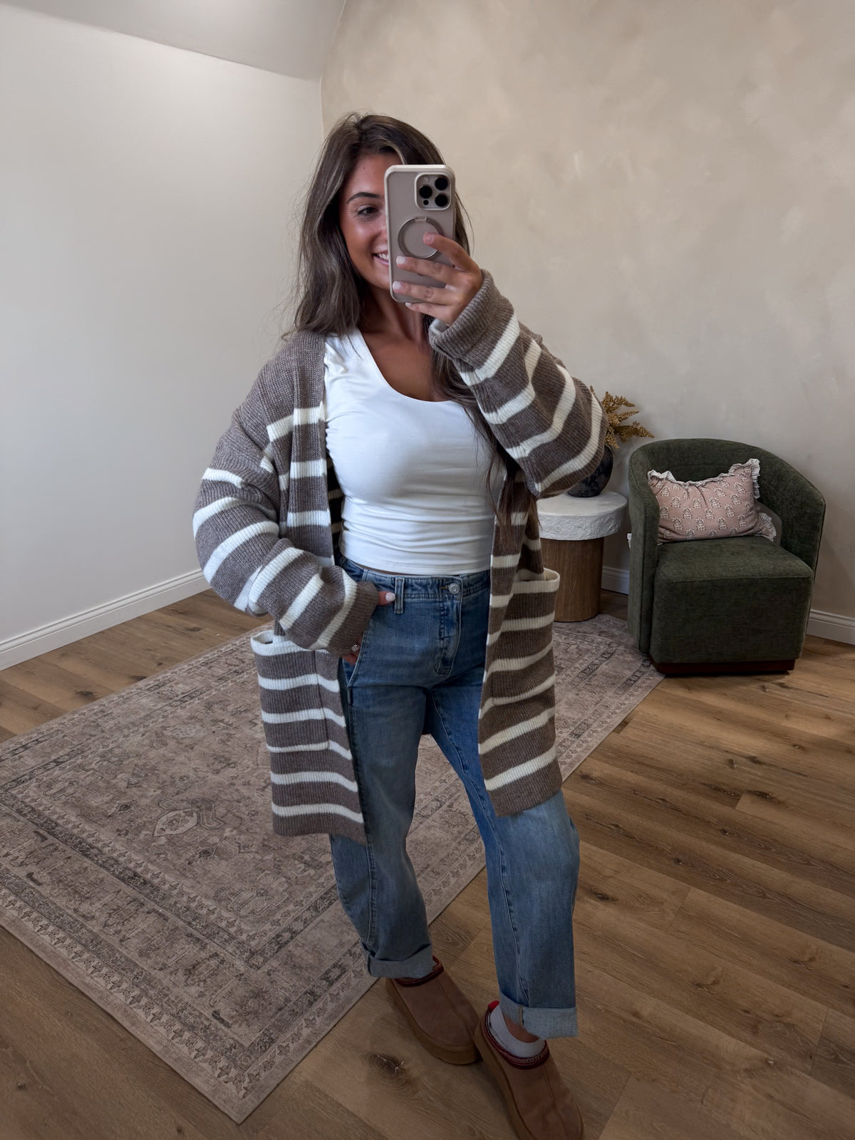 Stay In Open Front Stripe Cardigan - Dark Taupe / White Stripe
