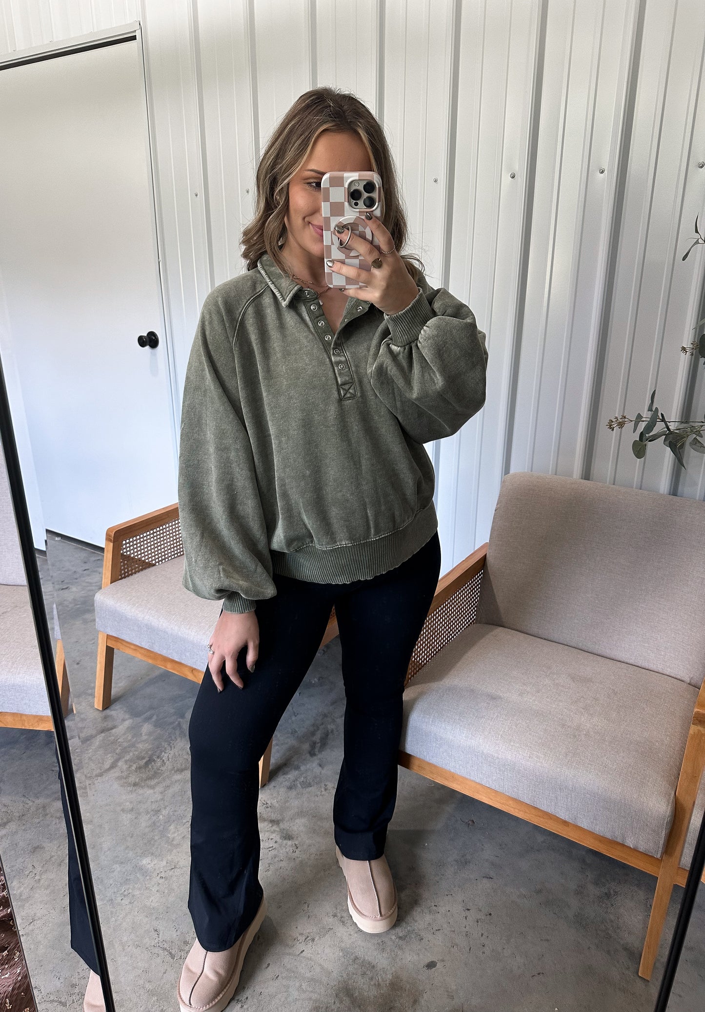 Megan Button Up Pullover - Olive