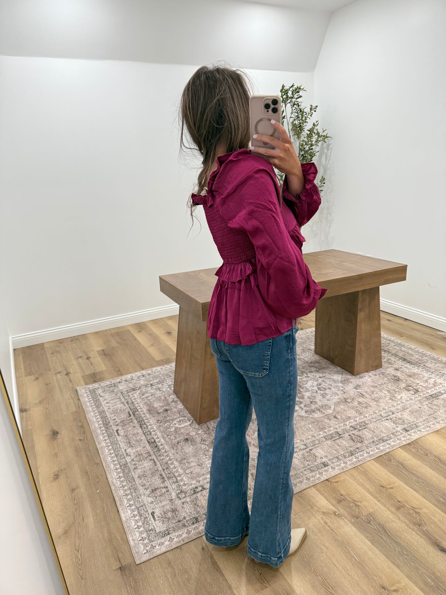 Satin Cross Ruffled Long Sleeve Blouse- Plum